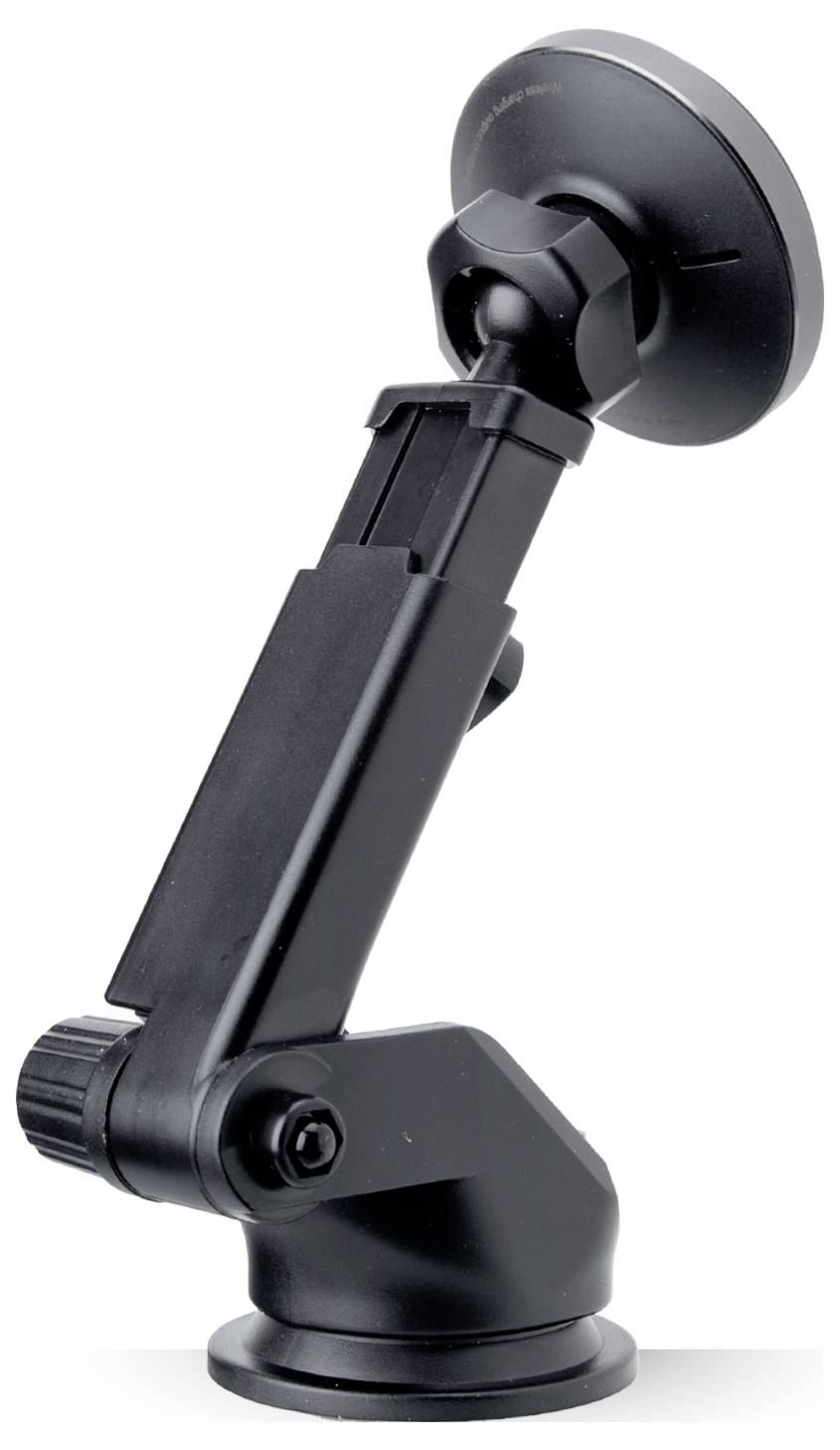 Eine schwarze, verstellbare Saugnapfhalterung, typischerweise zur Befestigung von Geräten wie GPS-Geräten oder Telefonen an einem Armaturenbrett oder einer Windschutzscheibe verwendet.