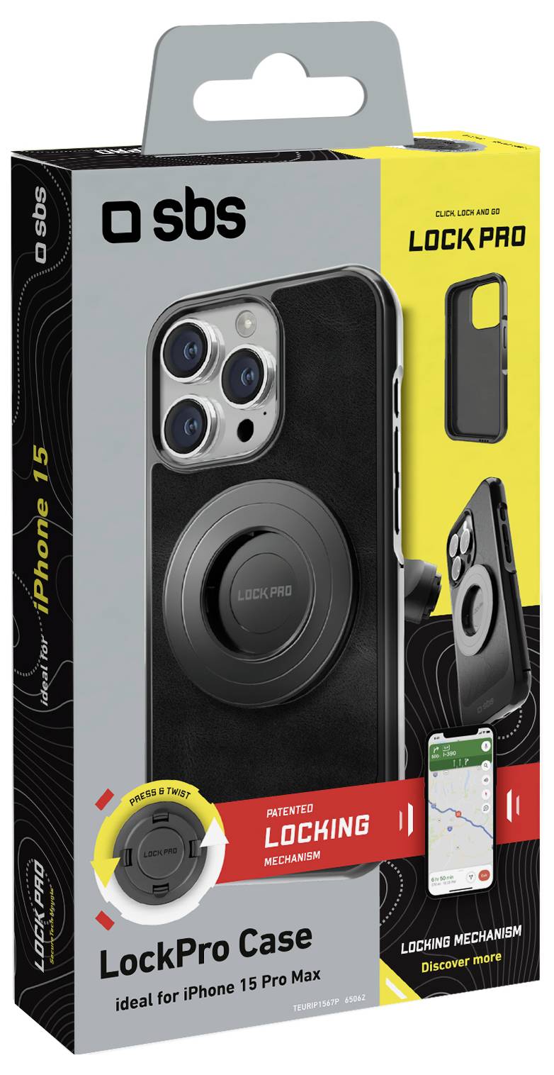 Verpackung für SBS LockPro Case für iPhone 15 Pro Max mit Schließmechanismus. Zeigt die Vorder- und Seitenansicht des Cases mit Telefon.