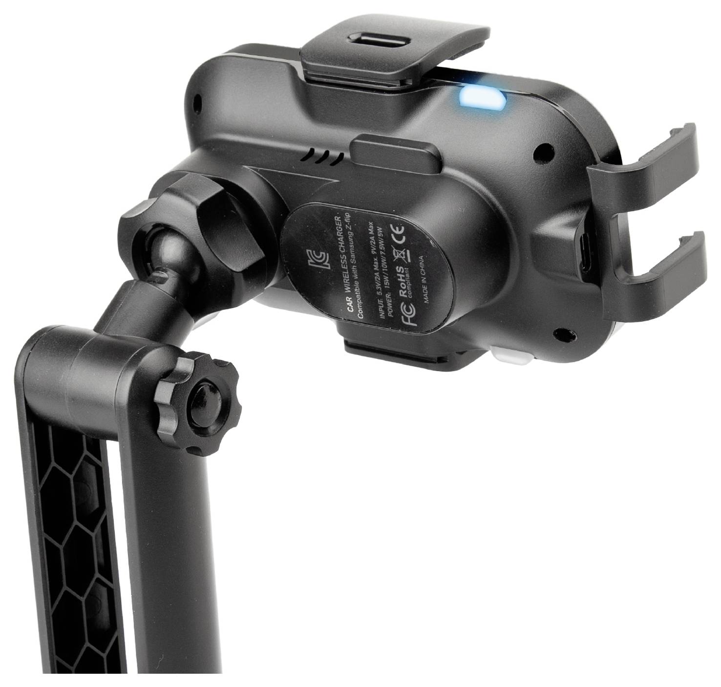 Eine schwarze Gerätehalterung mit verstellbarem Arm und blauem Anzeigelicht. Die Halterung verfügt über eine Wiege zum sicheren Halten eines Telefons oder kleinen Geräts.