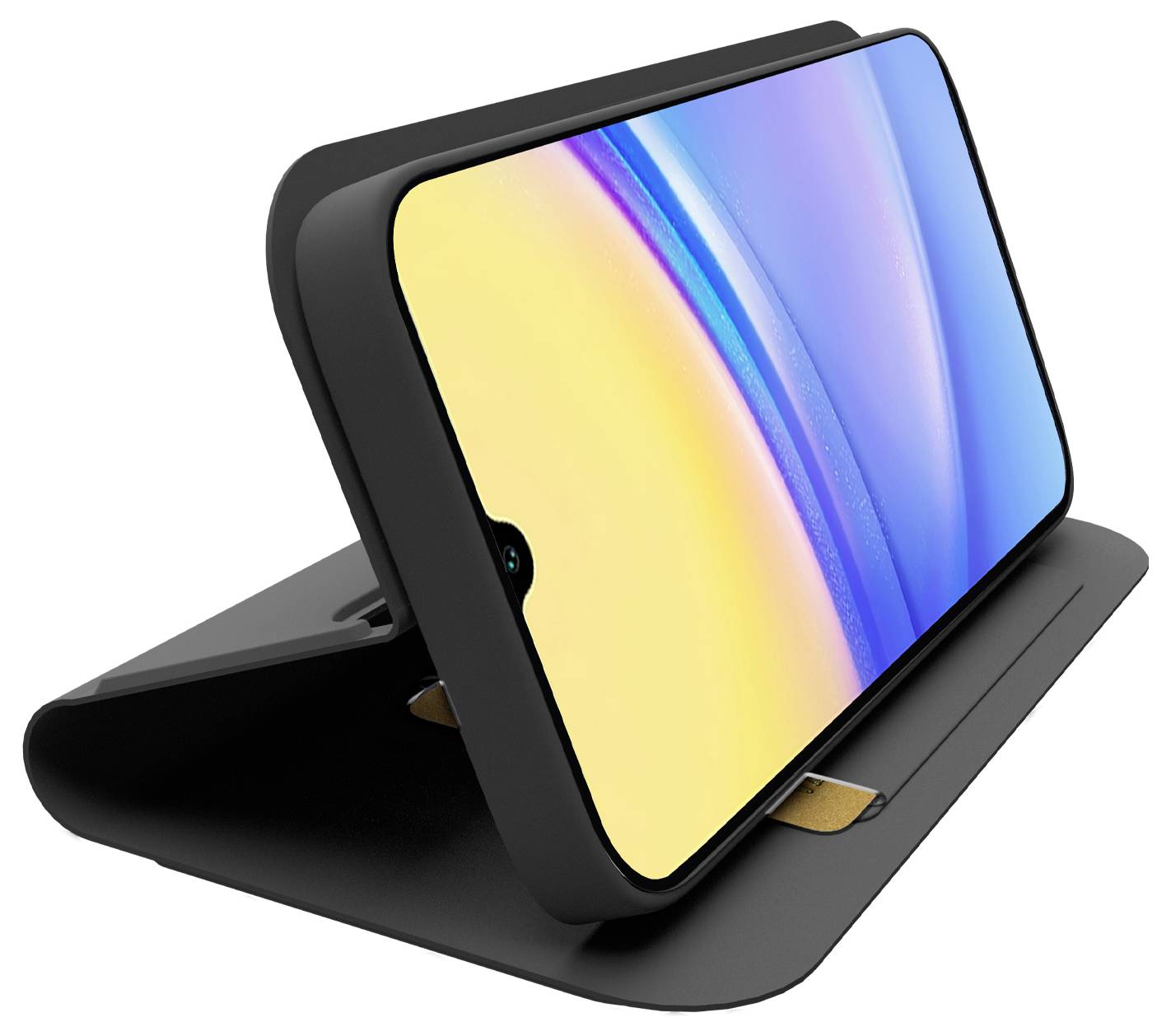 Smartphone horizontal in einem schwarzen Klappständer-Etui dargestellt, das einen farbenfrohen abstrakten Bildschirm anzeigt.