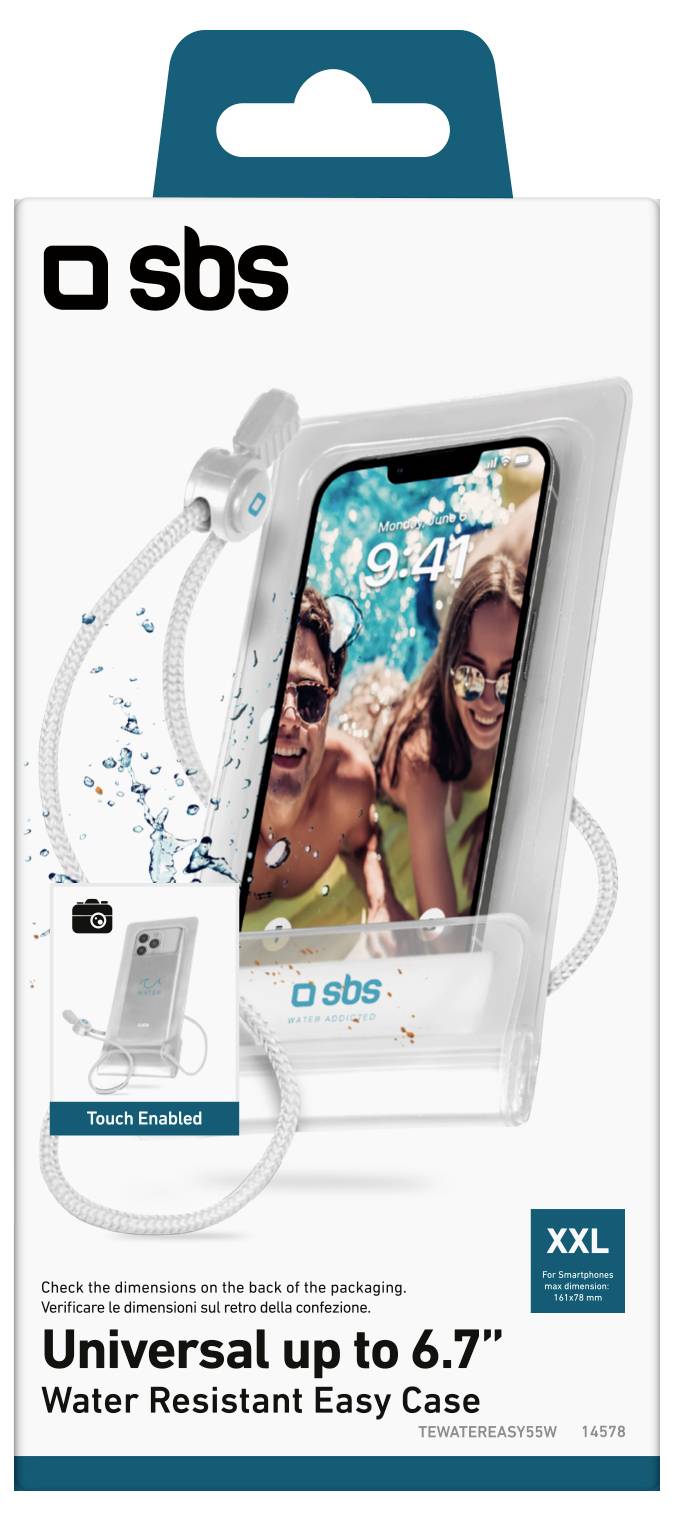 Ein Verpackungsbild einer wasserfesten Handyhülle für Geräte bis 6,7 Zoll, mit Touch-Funktion und Trageband.