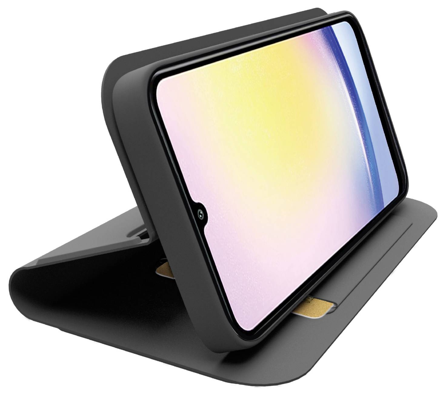 Ein Smartphone in einem schwarzen Klappständer, Bildschirm nach vorne gerichtet, zeigt einen farbenfrohen Farbverlauf an.