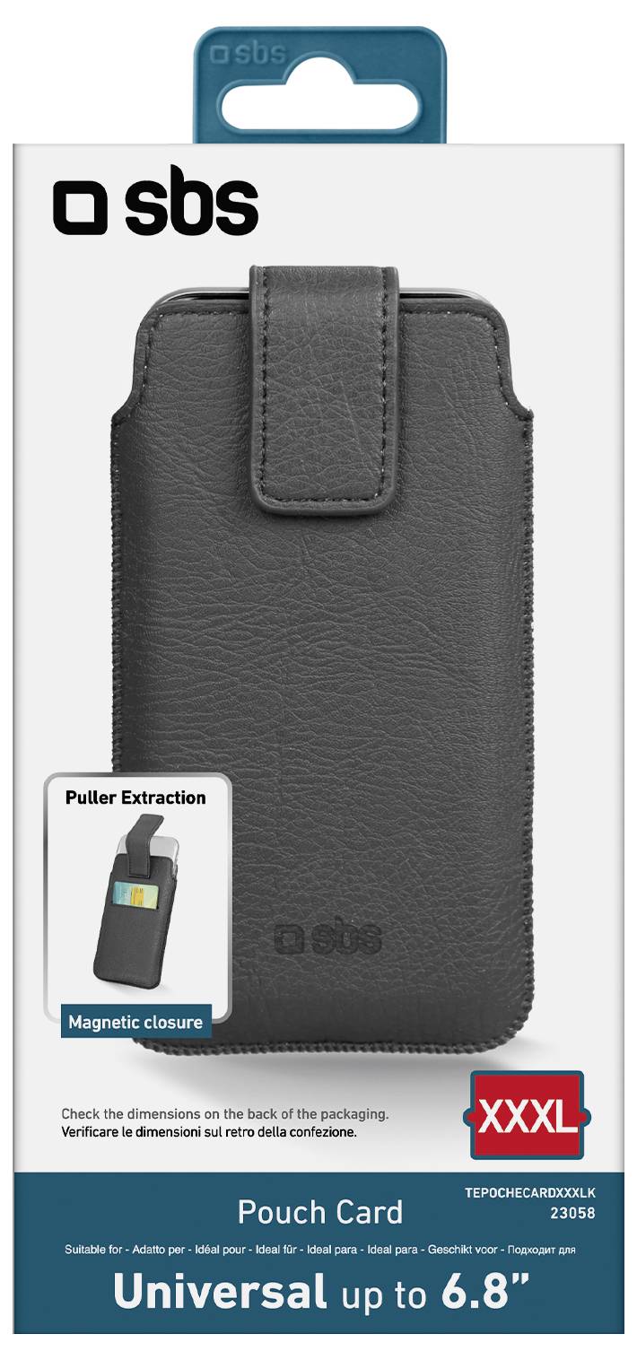 Das Bild zeigt eine SBS Pouch Card-Verpackung für eine universelle Handyhülle, geeignet für Geräte bis zu 6,8 Zoll, mit magnetischem Verschluss.