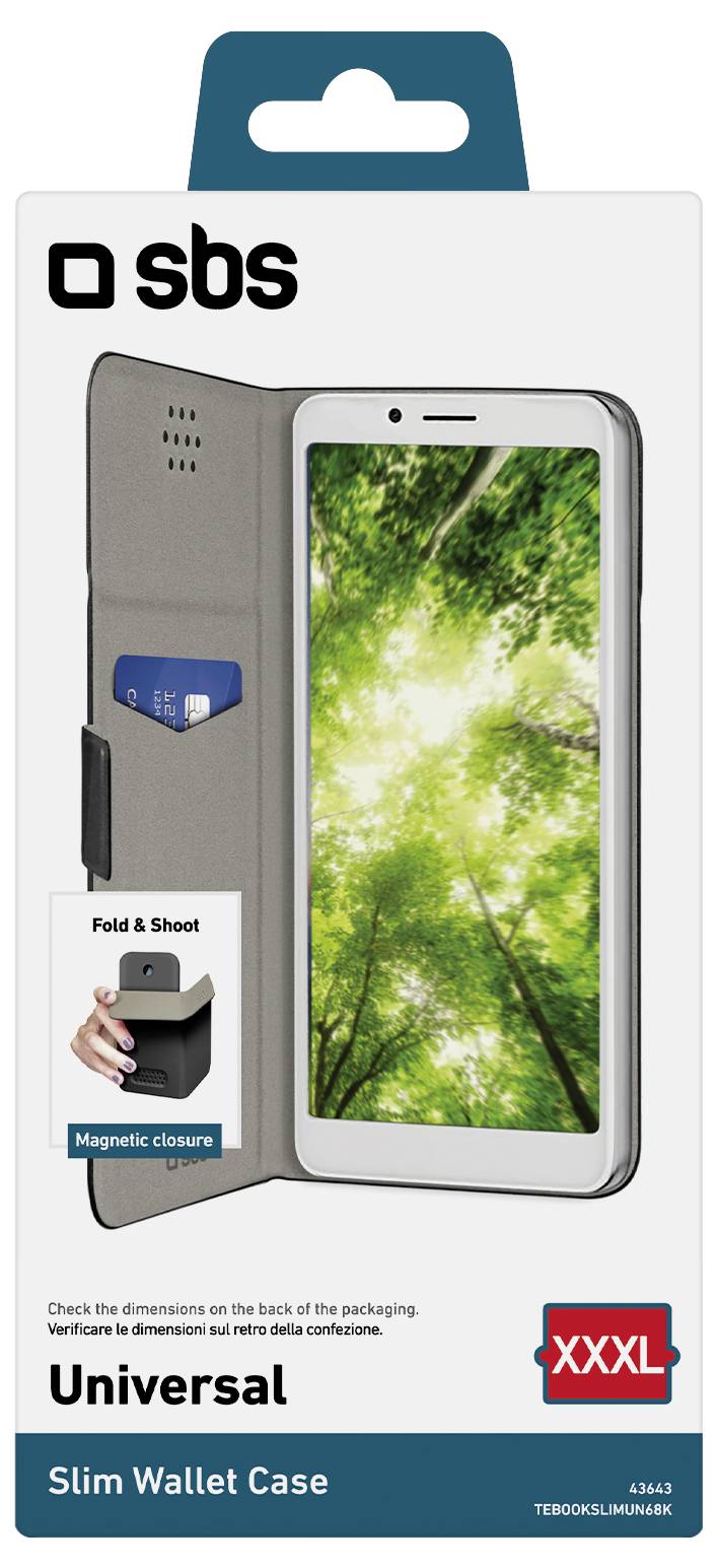 Schlanke graue Geldbörsen-Schutzhülle für XXXL-Smartphones mit Magnetverschluss, Kartenfach und Fotoanleitung zur Passform des Telefons.