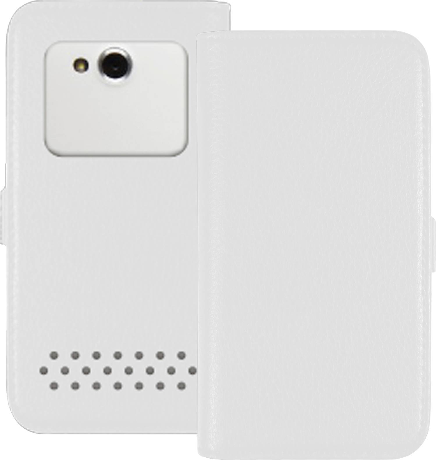 Ein weißes Smartphone-Etui mit einer Kameraaussparung und einem perforierten Design auf der Rückseite, positioniert, um sowohl die Vorder- als auch die Rückansicht zu zeigen.