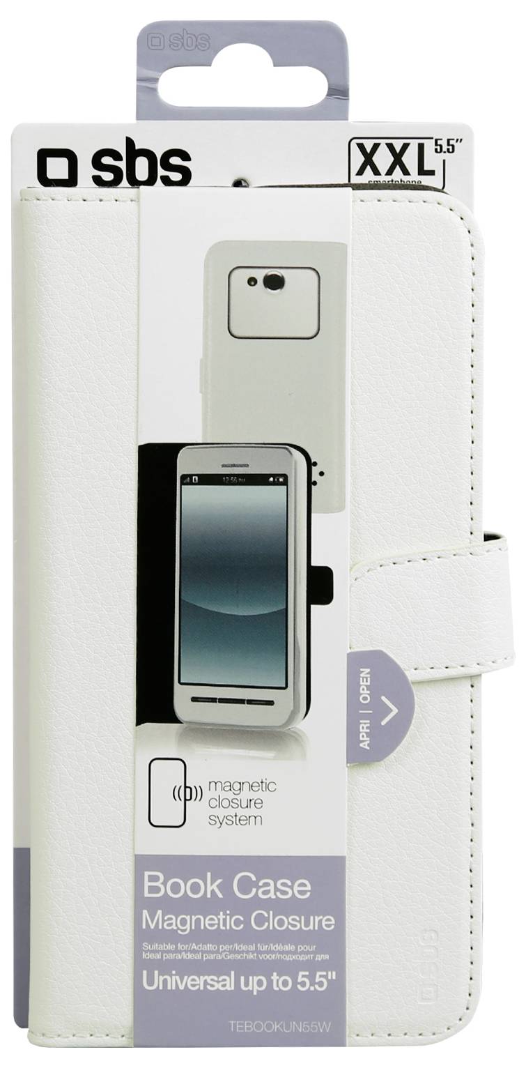 Weiße 'Book Case Magnetverschluss' von SBS für Telefone bis zu 5,5 Zoll. Includes Handyabbildung zur Größendarstellung.
