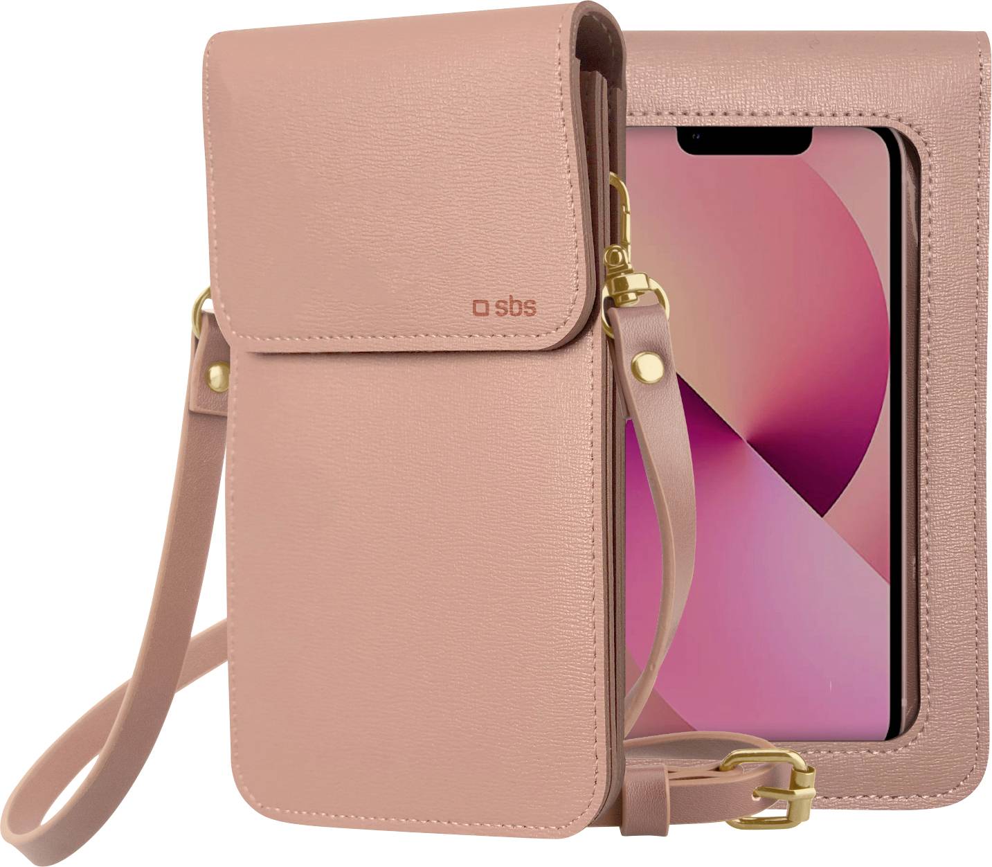 Eine rosa Umhängetasche für das Telefon mit Riemen, ausgestattet mit einem Fach zur Aufnahme eines Smartphones. Der Telefonbildschirm zeigt einen rosa-thematischen Hintergrund.