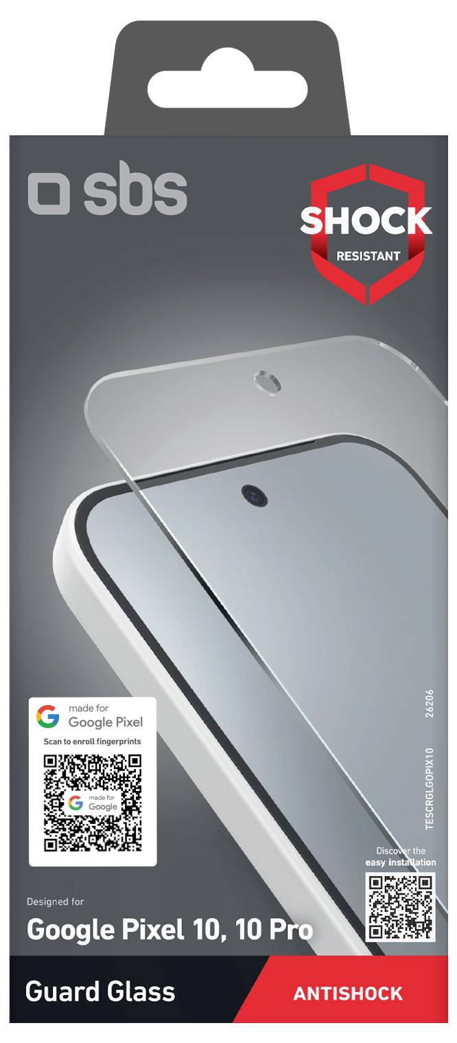 Displayschutz-Verpackung für Google Pixel 10, 10 Pro. Mit Antischock-Schutzglas. Enthält QR-Code für weitere Informationen.