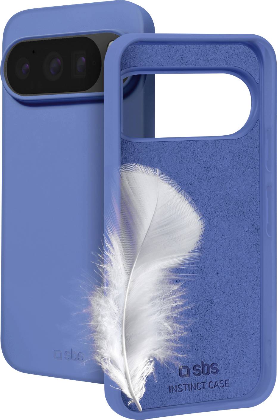 Blaue Smartphone-Hüllen, eine mit Kameroschutz und eine mit offenem Rücken, verziert mit einer weißen Feder, die Leichtigkeit symbolisiert.