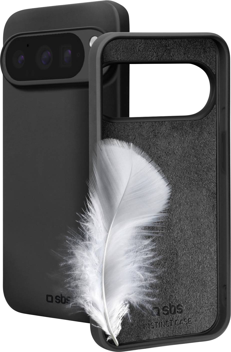 Eine schwarze Smartphone-Hülle mit weicher Polsterung und einem Design, das vermuten lässt, dass sie leicht ist, mit einer weißen Feder als Betonung.