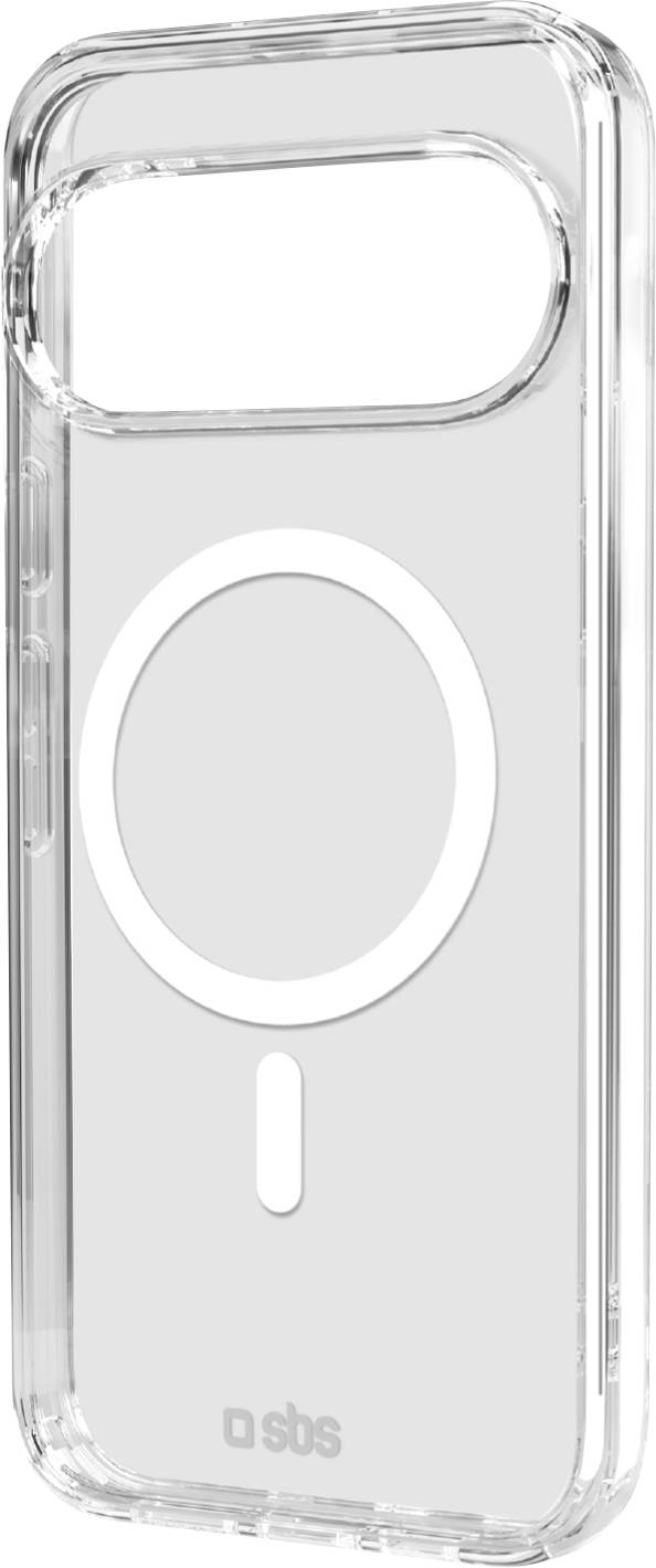 Ein transparantes Handyhülle mit großem kreisförmigem MagSafe-Bereich, entwickelt für spezifische Smartphone-Modelle, Branding unten sichtbar.