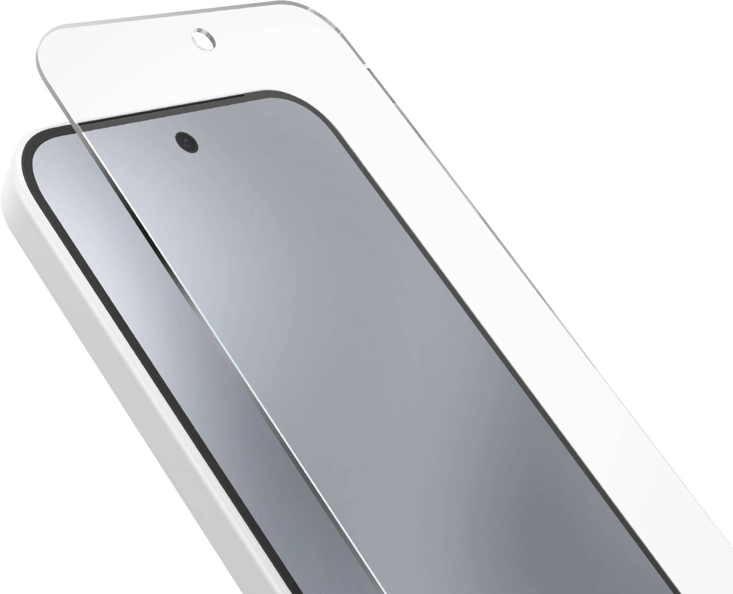 Ein Smartphone mit teilweise aufgebrachter Displayschutzfolie, die sein elegantes Design und seine Schutzfunktionen hervorhebt.