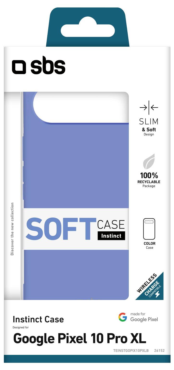 »Instinct Case« Verpackung für Google Pixel 10 Pro XL. Highlights umfassen schlankes, weiches Design, 100% recycelbares Material und Kompatibilität mit kabellosen Ladetechnologien.