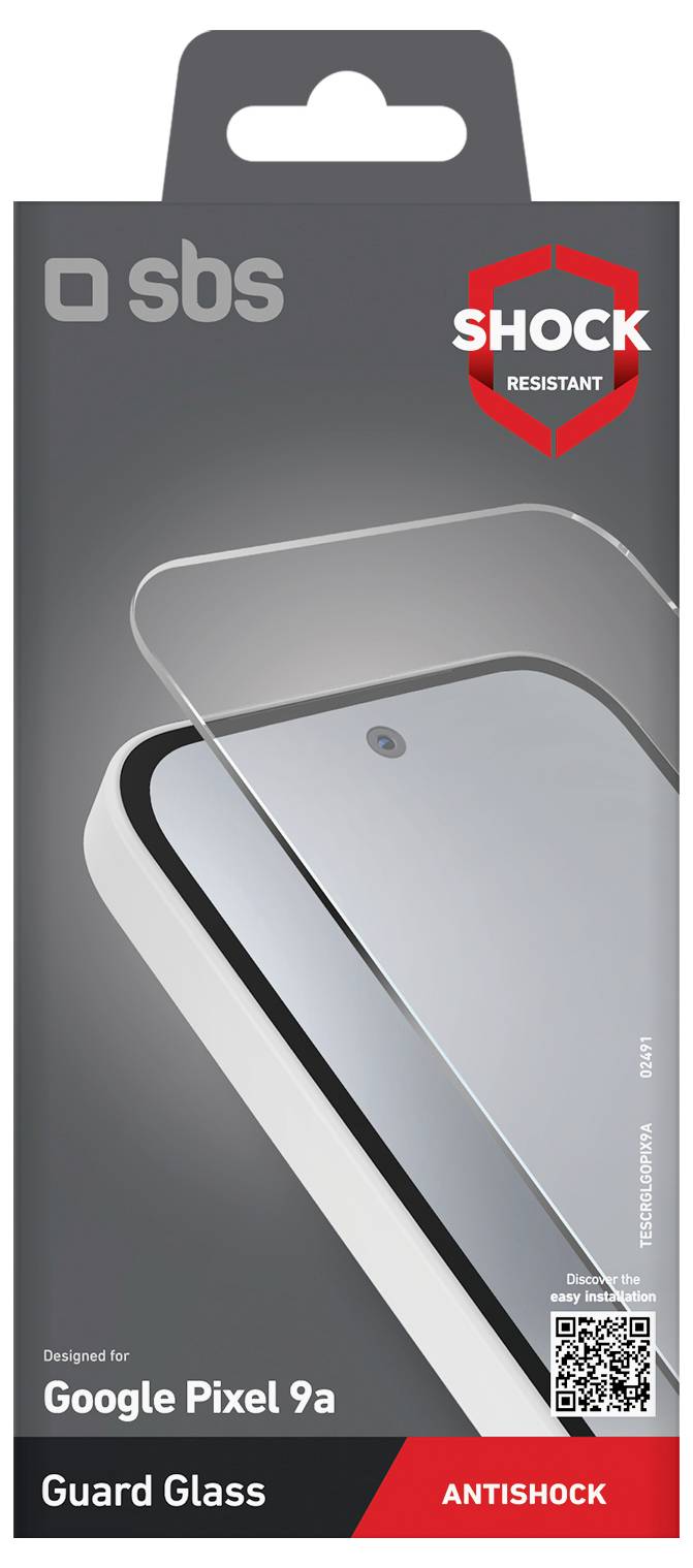Verpackung für SBS Guard Glass, entwickelt für Google Pixel 9a. Die Ausstattung umfasst ein 