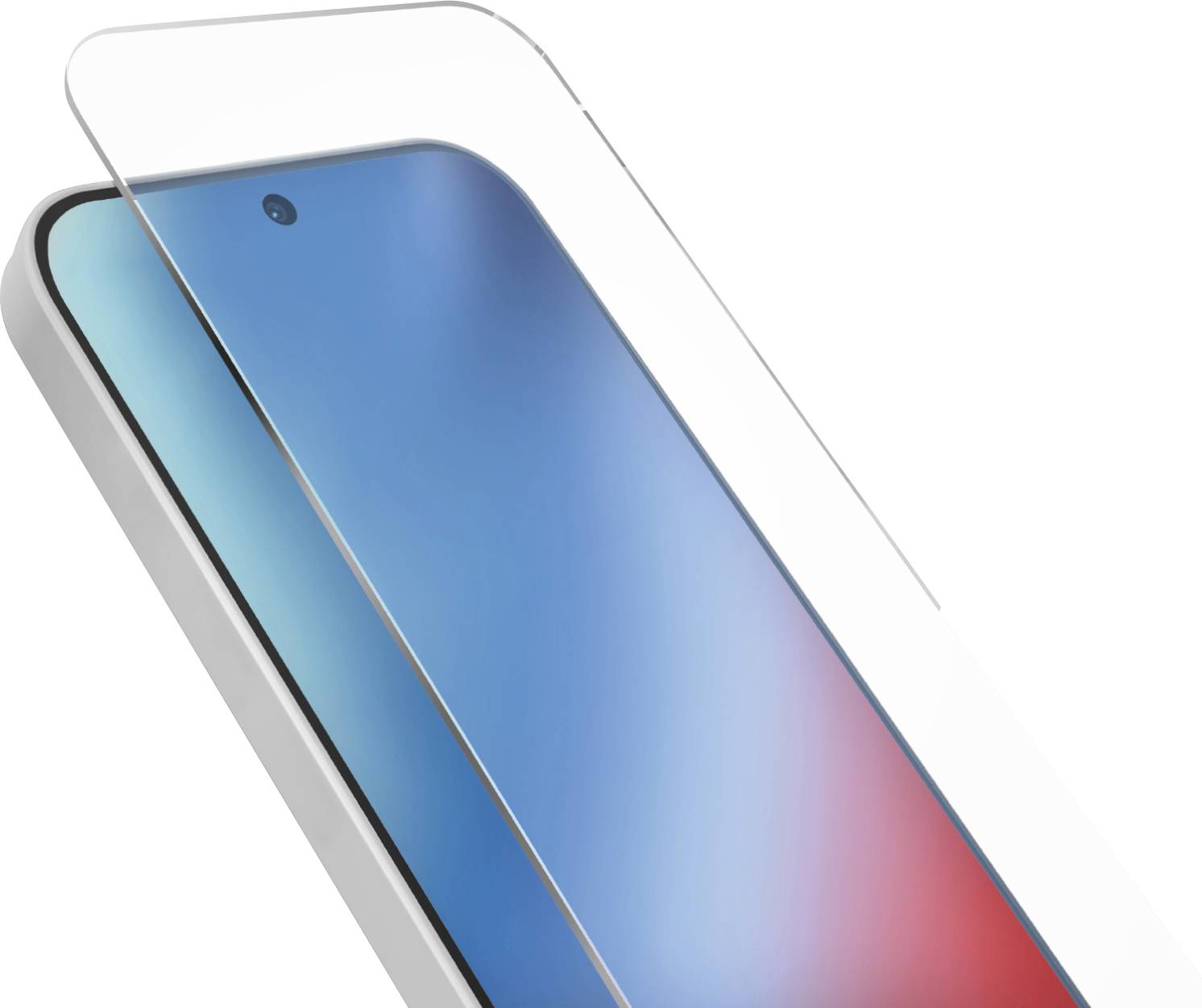 Smartphone mit einem blau-roten Farbverlauf-Bildschirm, teilweise bedeckt durch eine transparente Displayschutzfolie.