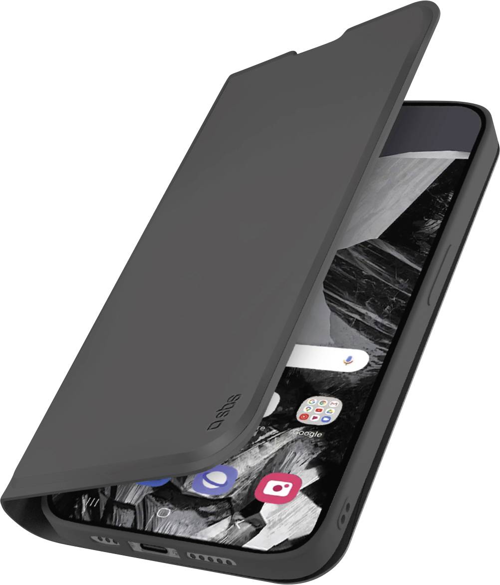 Schwarzes Smartphone in einer Schutzhülle mit aufklappbarem Deckel, der teilweise geöffnet ist und einen Bildschirm mit verschiedenen App-Symbolen anzeigt.
