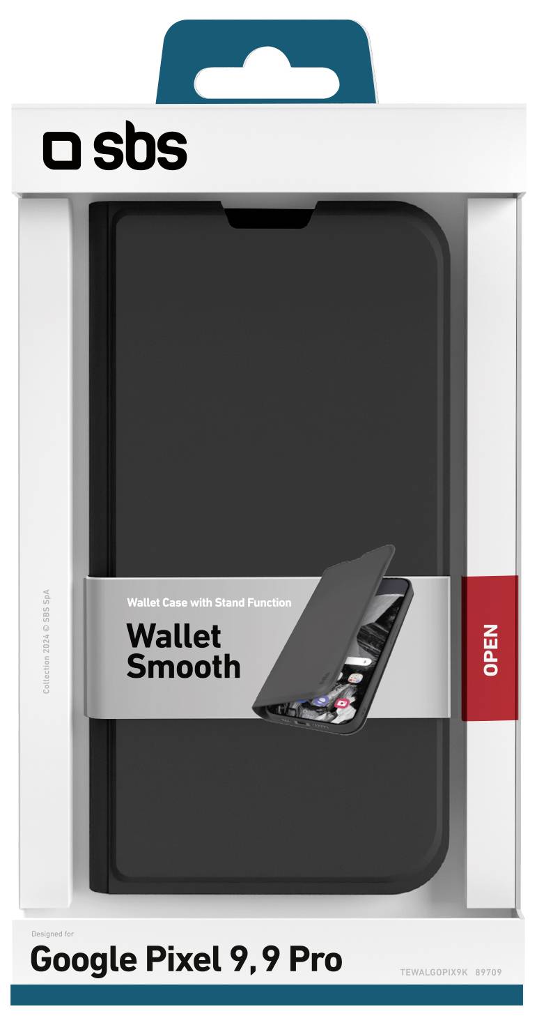 SBS Wallet Smooth Schutzhülle Verpackung für Google Pixel 9, 9 Pro. Schwarze Farbe, gezeigt mit Telefon im Inneren und hervorgehobener Standfunktion.