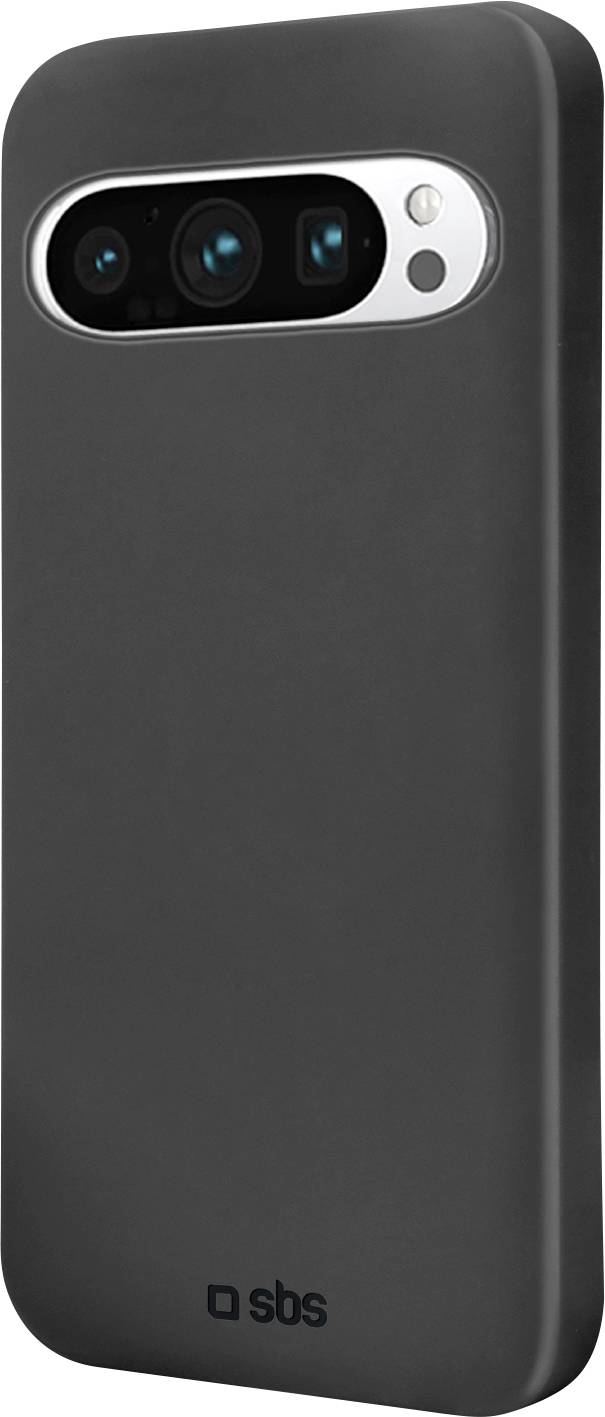 Ein elegantes schwarzes elektronisches Gerät mit einer dreifachen Kameraanordnung auf der Rückseite, untergebracht in einem glänzenden metallischen Panel, und einem 