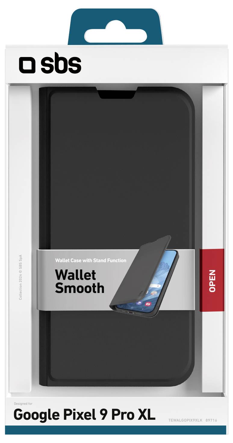 SBS Geldbörsen-Schutzhülle für Google Pixel 9 Pro XL mit glatter Oberfläche und Standfunktion, dargestellt in einer Schutzbox mit aufklappbarem Deckel.