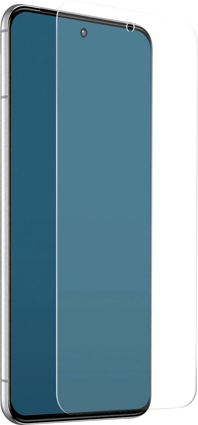 Ein Smartphone mit einer transparenten Displayschutzfolie, die davor schwebt und das schlanke Design des Geräts sowie die randlose Display-Funktion zeigt.