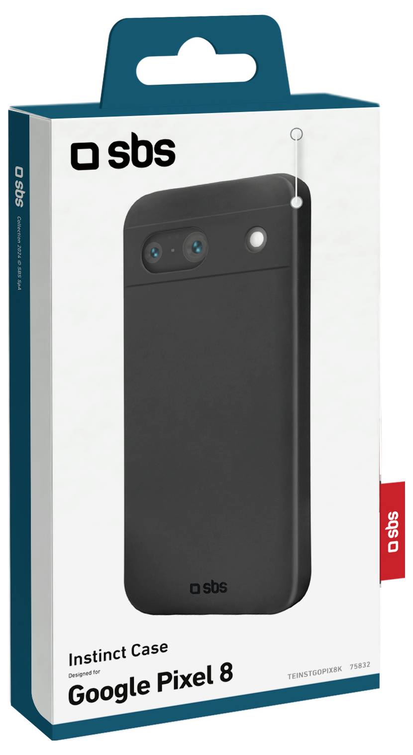 Verpackung der SBS Instinct Case, entworfen für das Google Pixel 8, mit einem Bild der schwarzen Schutzhülle auf weißem Hintergrund.