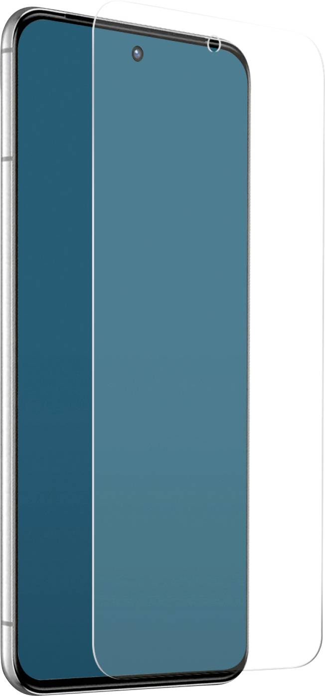 Ein Smartphone mit einer transparenten Displayschutzfolie, die über dem Display ausgerichtet ist und eine reflektive Schicht sowie abgerundete Kanten vor weißem Hintergrund zeigt.