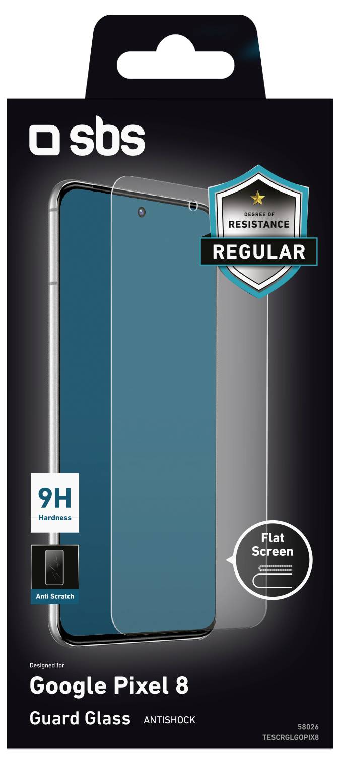Verpackung für SBS Guard Glass Displayschutzfolie, entwickelt für Google Pixel 8. Die Highlights umfassen „9H Härte
