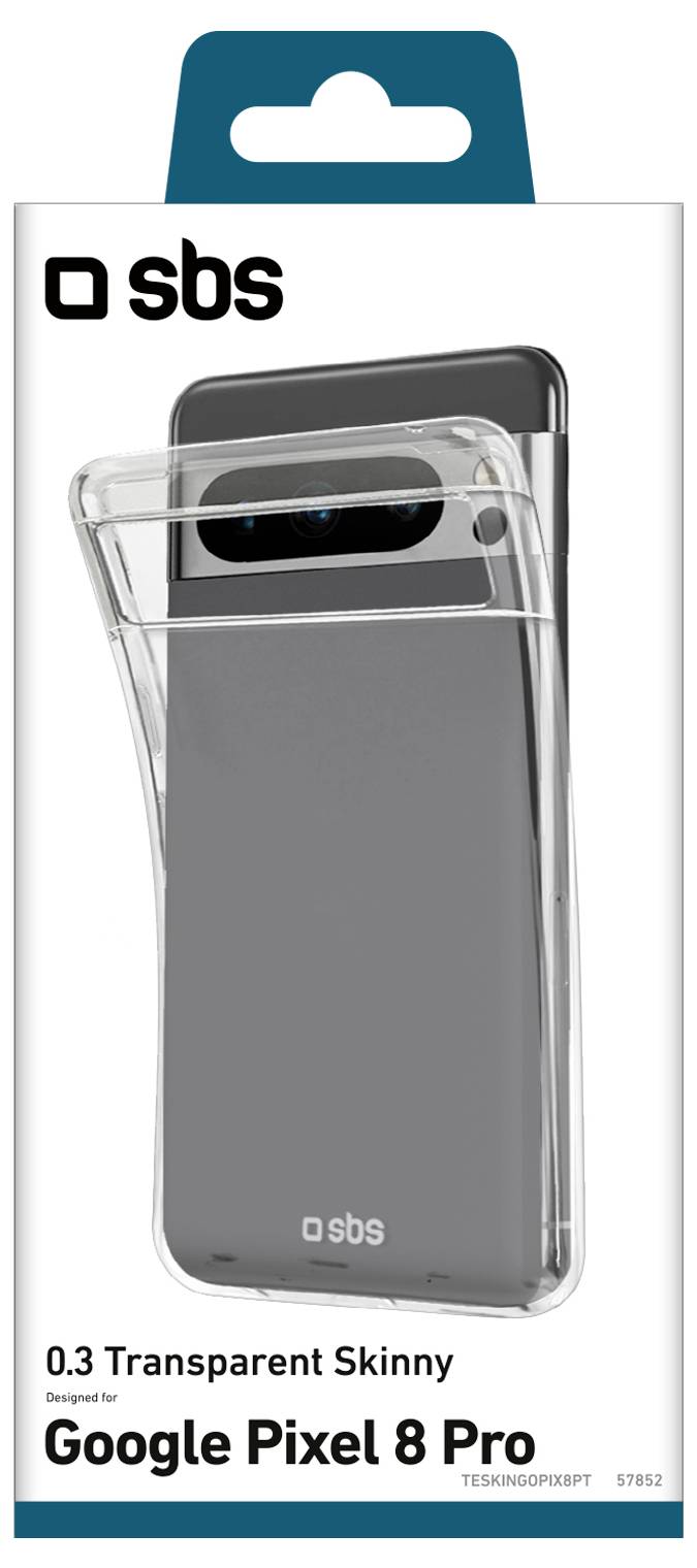 Transparente Handyhülle für Google Pixel 8 Pro, präsentiert in Produktverpackung von sbs, zeigt das schlanke Design der Hülle und die optimale Kompatibilität.