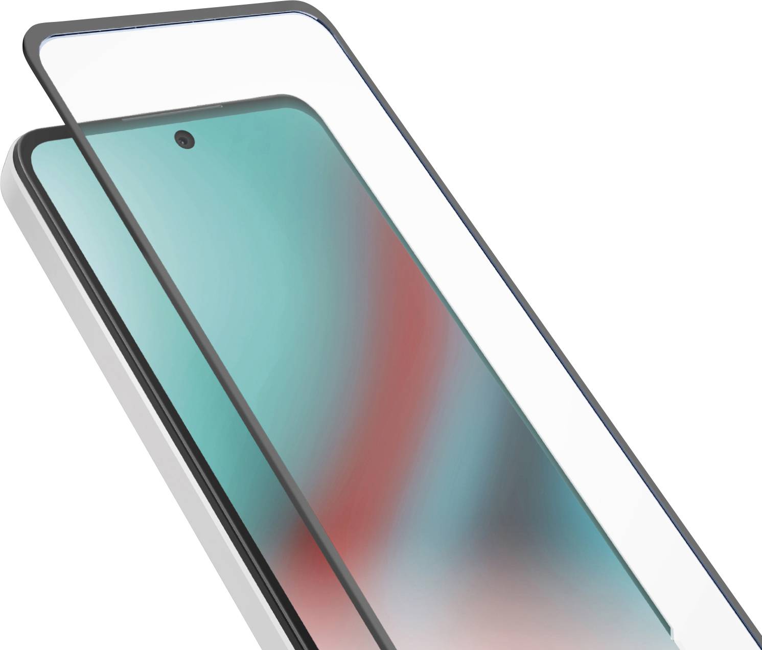 Ein Smartphone mit einem lebhaften Bildschirm, teilweise von einer transparenten Displayschutzfolie bedeckt, die sein elegantes Design und das randlose Display präsentiert.