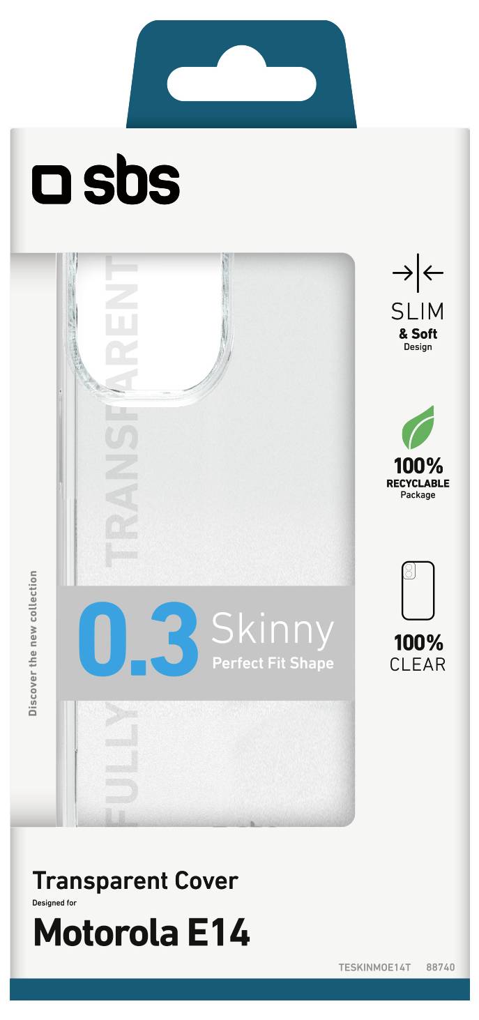 Transparente Schutzhülle für Motorola E14 Verpackung. Zu den Merkmalen gehören schlankes Design, weiches Material, 100% klar, vollständig transparent und 100% recycelbar.