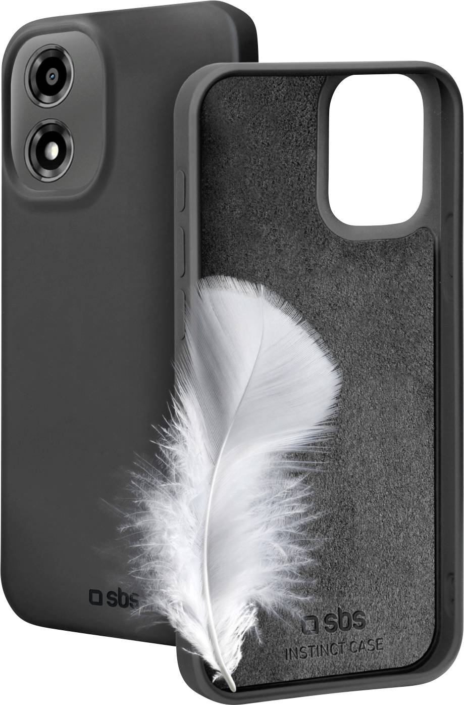 Zwei Smartphone-Hüllen, eine schwarz, eine transparent, diagonal angeordnet mit sichtbaren Markenlogos am unteren Rand.