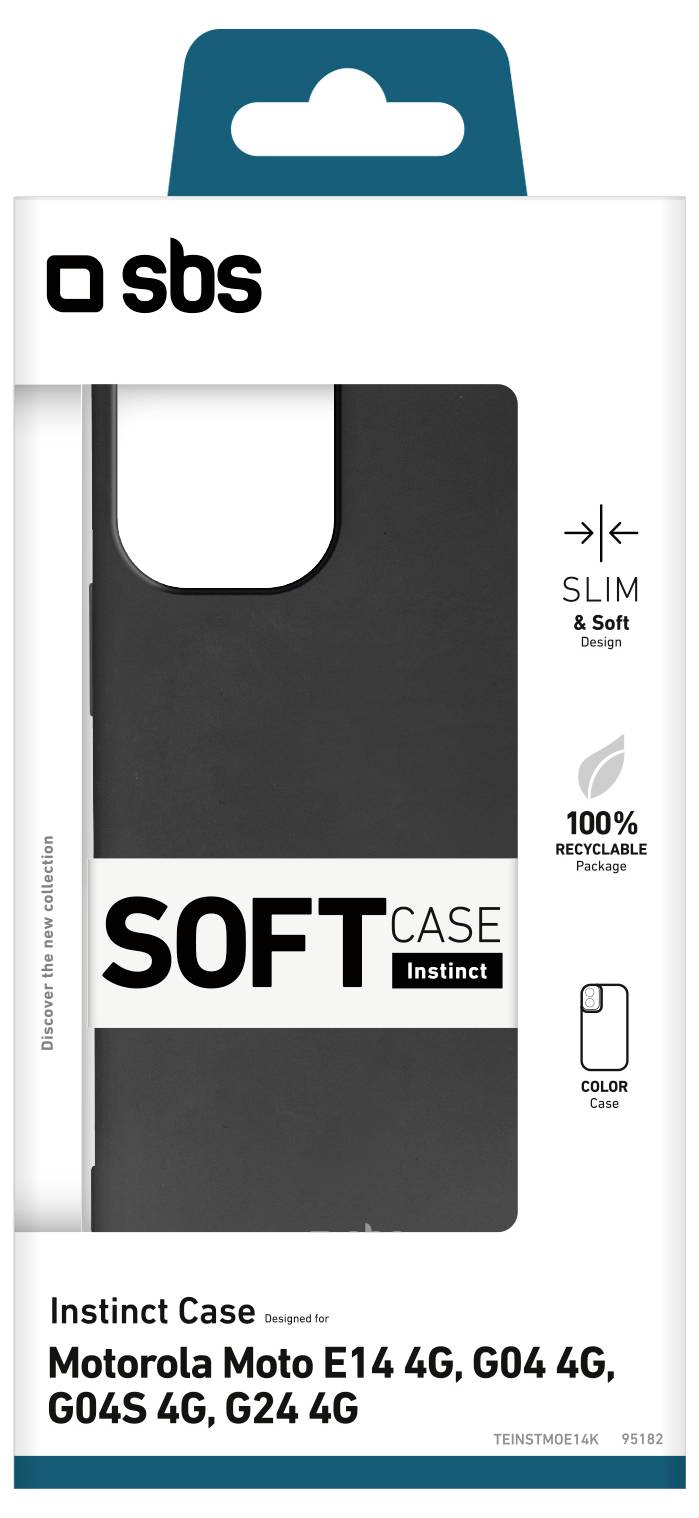 Eine Handyhülle-Verpackung, die eine schwarze Hülle für Motorola Moto E14 4G, G04 4G, G04S 4G, G24 4G zeigt. Beschrieben als „schlank und weich