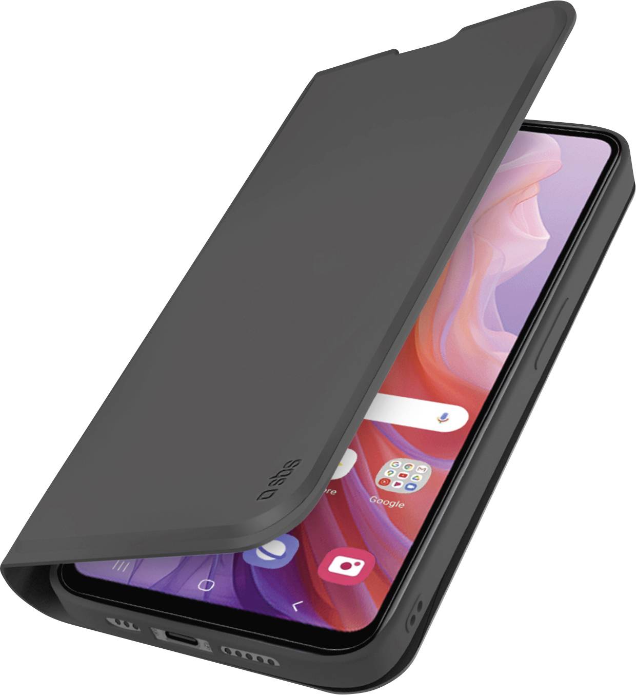 Ein Smartphone, das teilweise von einer schwarzen Klappschutzhülle bedeckt ist und einen farbenfrohen Startbildschirm mit App-Symbolen wie Google Chrome und YouTube anzeigt.