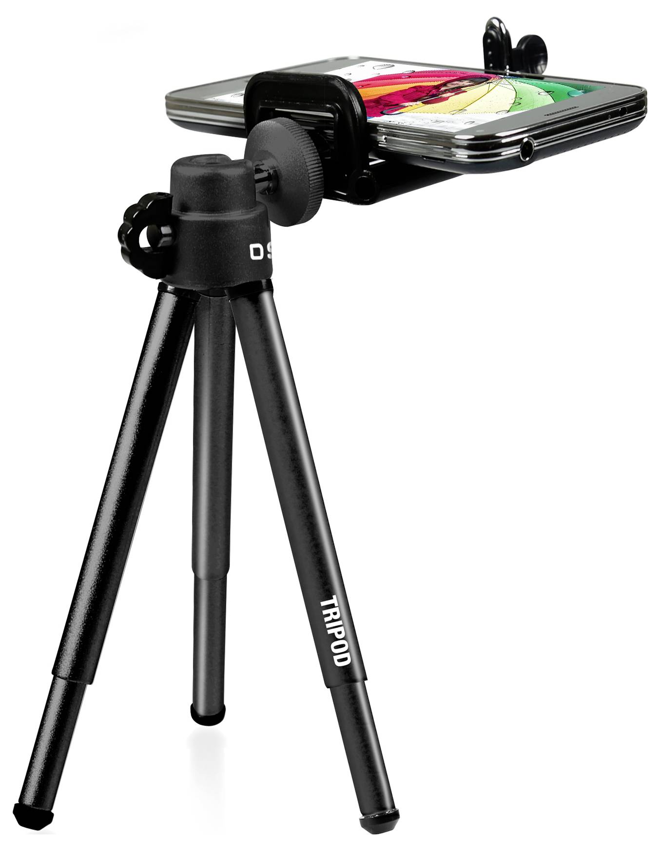 Ein Smartphone, das an einem kleinen schwarzen Stativ befestigt ist, steht aufrecht. Der Bildschirm des Telefons zeigt eine farbenfrohe App-Oberfläche.
