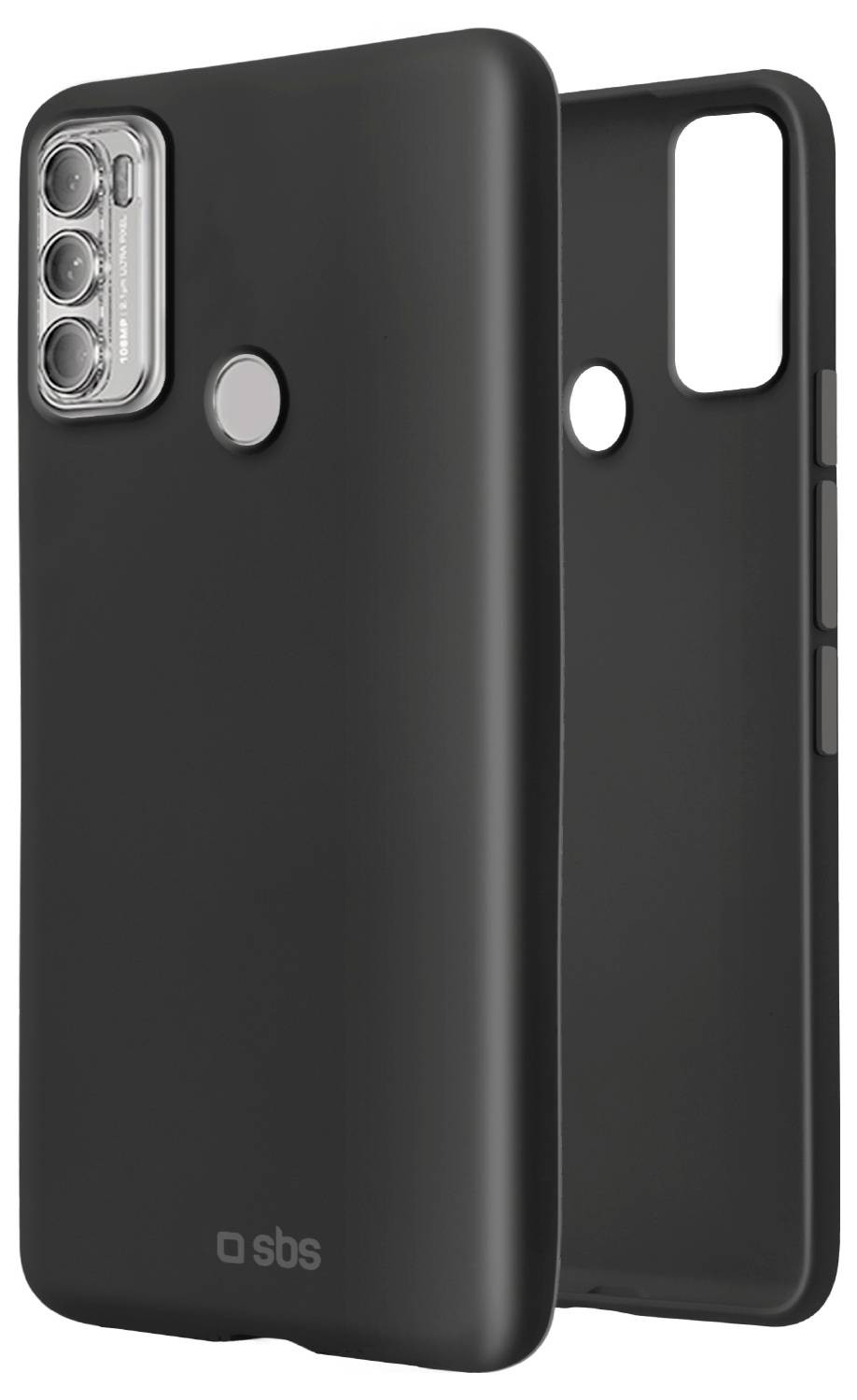 „Zwei schwarze SBS-Handyhüllen mit Ausschnitten für Kamera, Fingerabdrucksensor und Tasten, gezeigt von hinten und von der Seite.