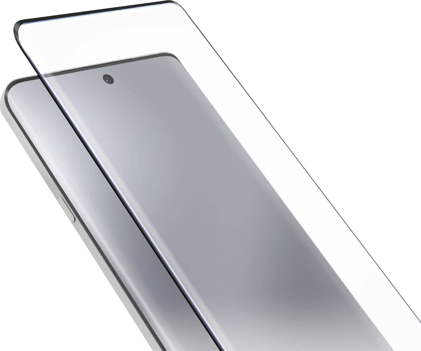 Ein schlankes Smartphone mit einer transparenten Displayschutzfolie, die darüber schwebt und das dünne Design und die einzelne Frontkamera zur Schau stellt.