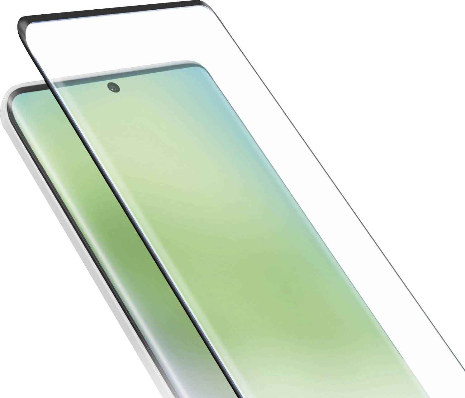 Ein Smartphone mit einem grün-blauen Farbverlauf auf dem Bildschirm, teilweise bedeckt durch eine Schutzfolie für den Bildschirm.