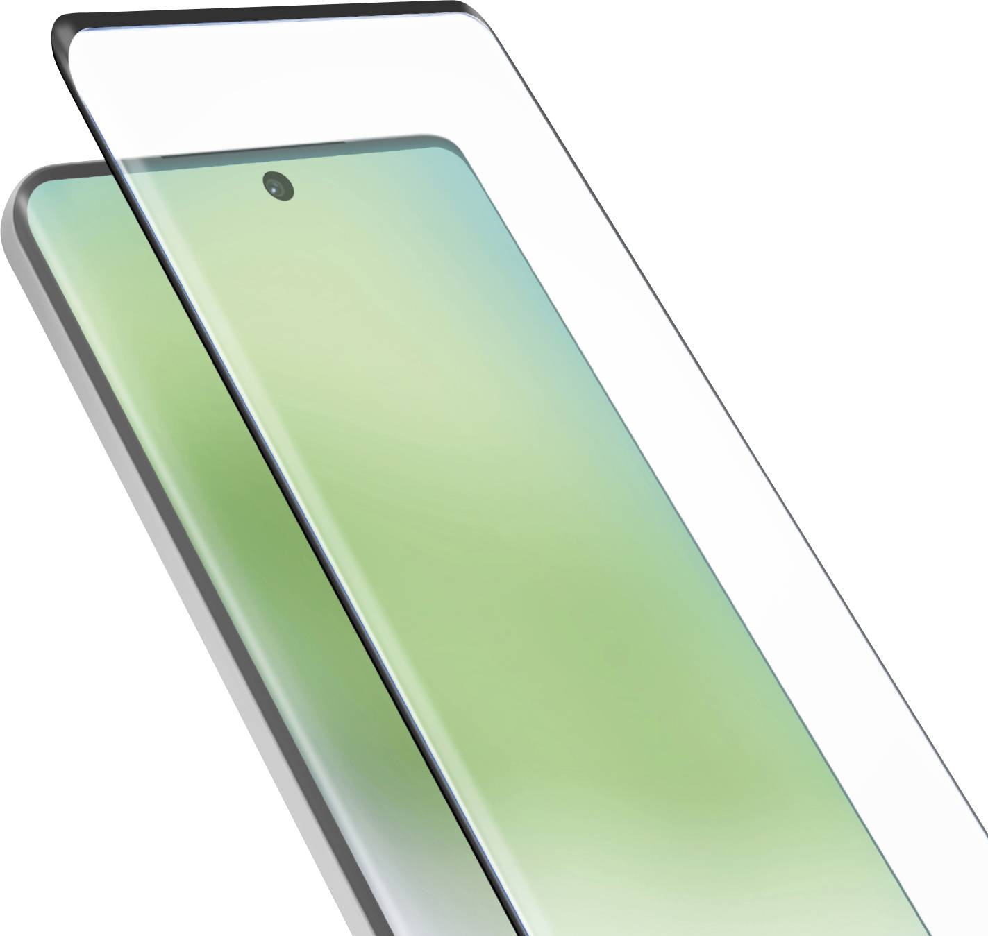 Ein Smartphone mit grünlichem Bildschirm in schräger Anzeige, das ein schlankes Design mit einer minimalen, auf der Vorderseite angebrachten Kamera im Bildschirm zeigt.