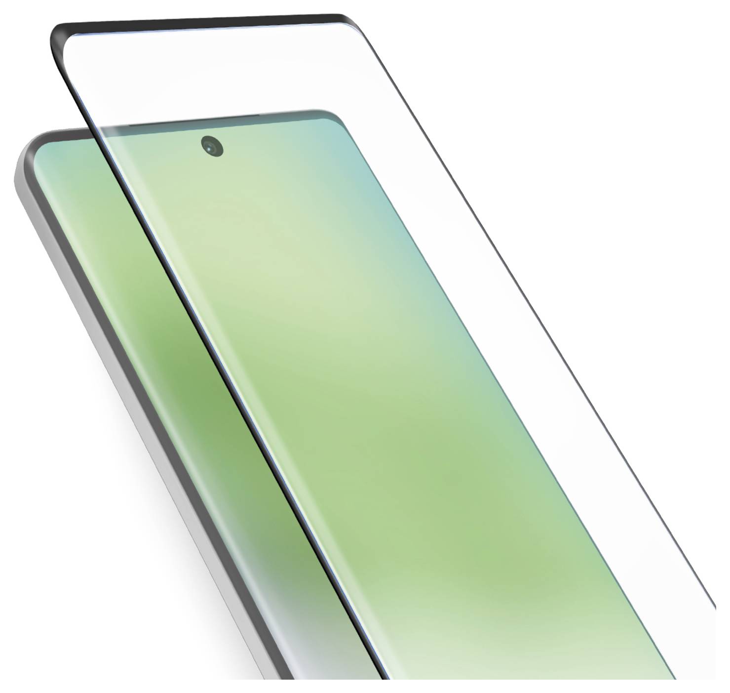 Ein Smartphone mit einem grünen Farbverlauf-Bildschirm wird unter einer transparenten Displayschutzfolie gezeigt und hebt die Gerätesch​utzfunktionen hervor.