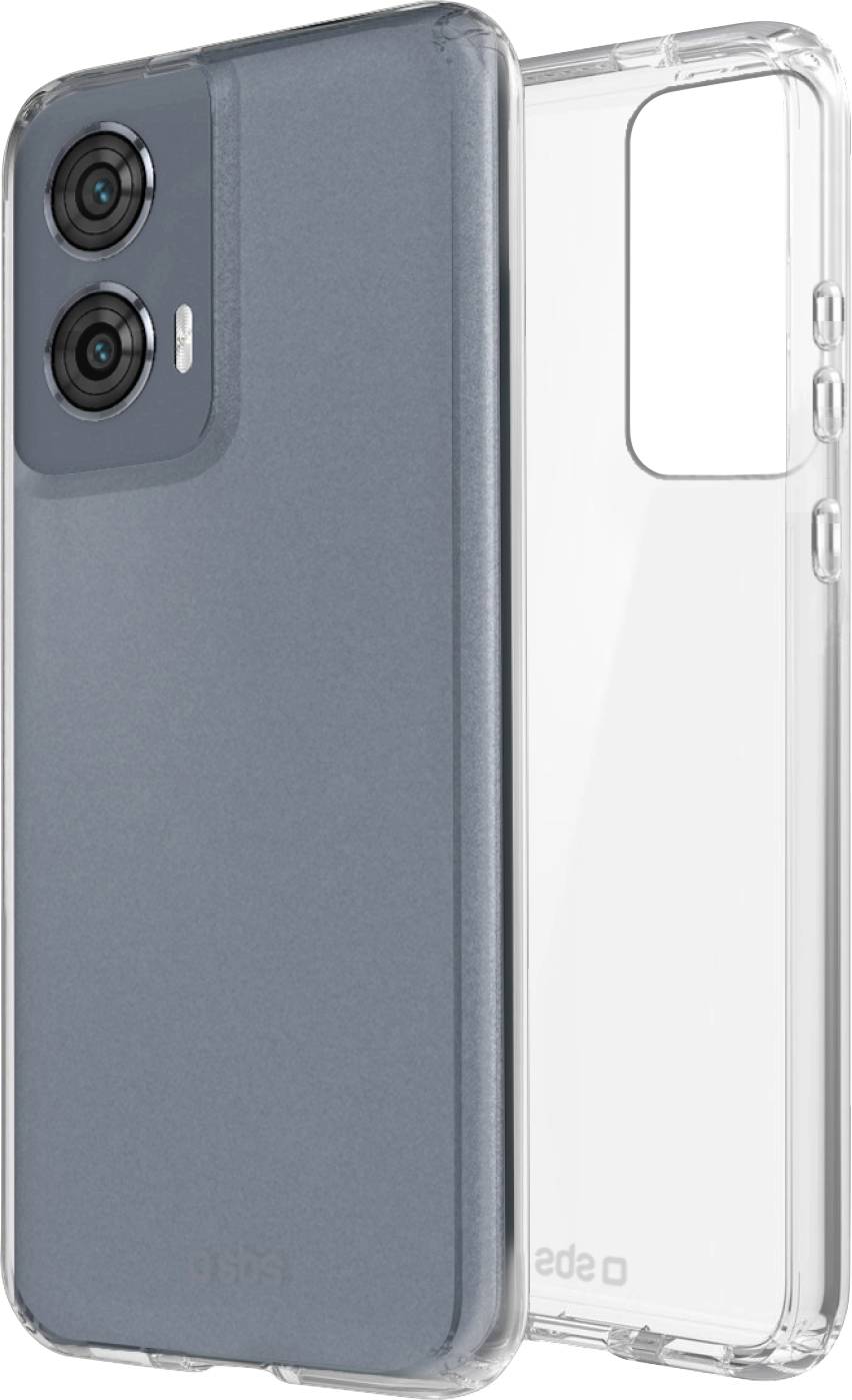 Ein Smartphone, das von der Seite gezeigt wird und dual rückseitige Kameras sowie ein transparentes Schutzetui aufweist, das sein schlankes Design hervorhebt.