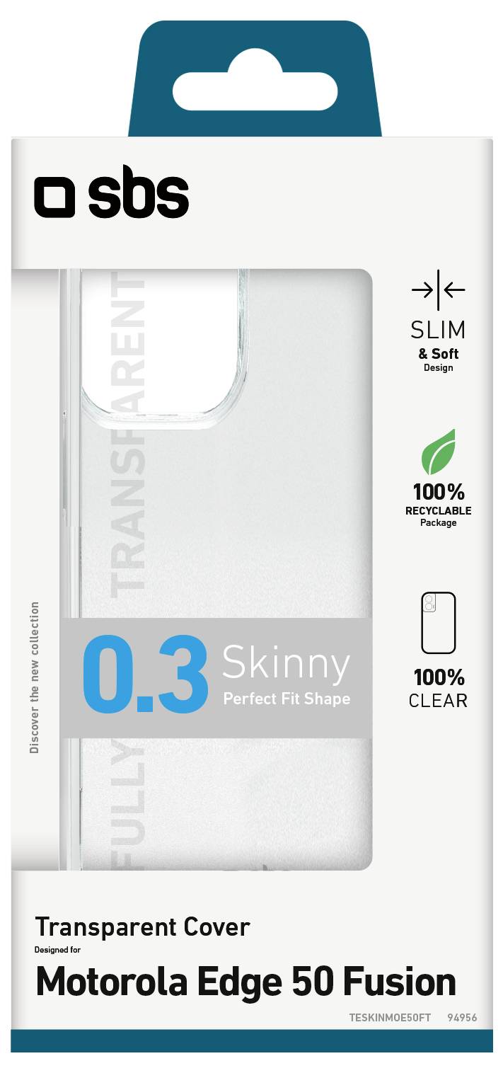 Verpackung für eine transparente Schutzhülle für Motorola Edge 50 Fusion. Die Merkmale umfassen ein schlankes Design, eine Dicke von 0,3 mm und 100 % Recycelbarkeit.