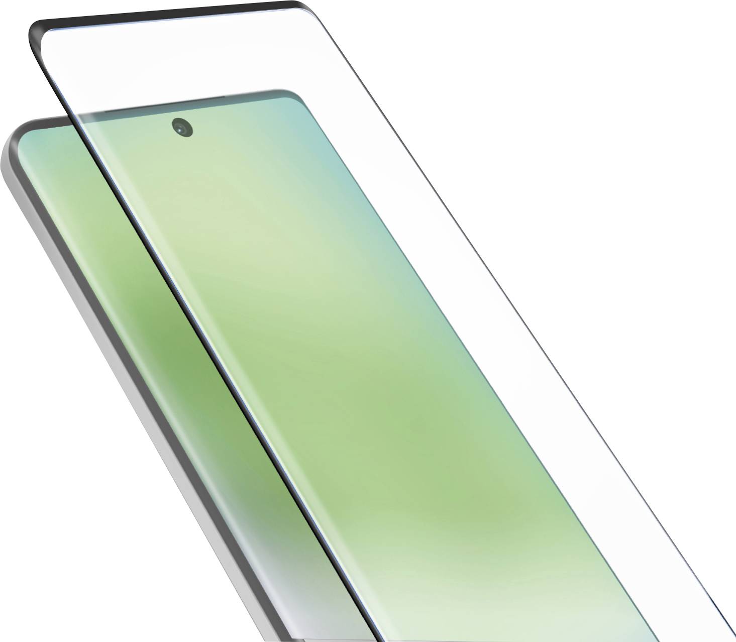 Ein Smartphone mit einem grünen Farbverlauf auf dem Bildschirm, im Hochformat angezeigt, teilweise von einer transparenten Displayschutzfolie bedeckt.