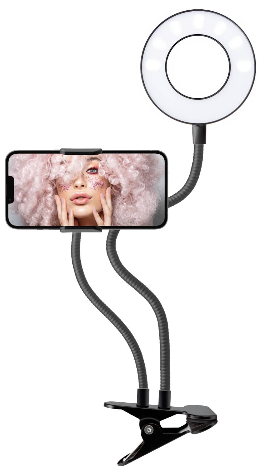 Ein Ringlicht mit Telefonhalter, das ein Telefon mit einer Person mit rosa Haaren und künstlerischem Make-up zeigt, montiert auf flexiblen Armen mit einer Klemme.