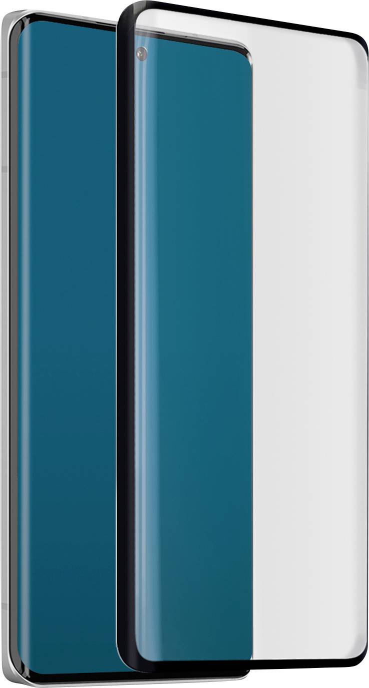 Ein Smartphone mit einem blauen Bildschirm und abgerundeten Kanten ist in einer transparenten Schutzhülle mit schwarzem Rahmen eingehüllt.