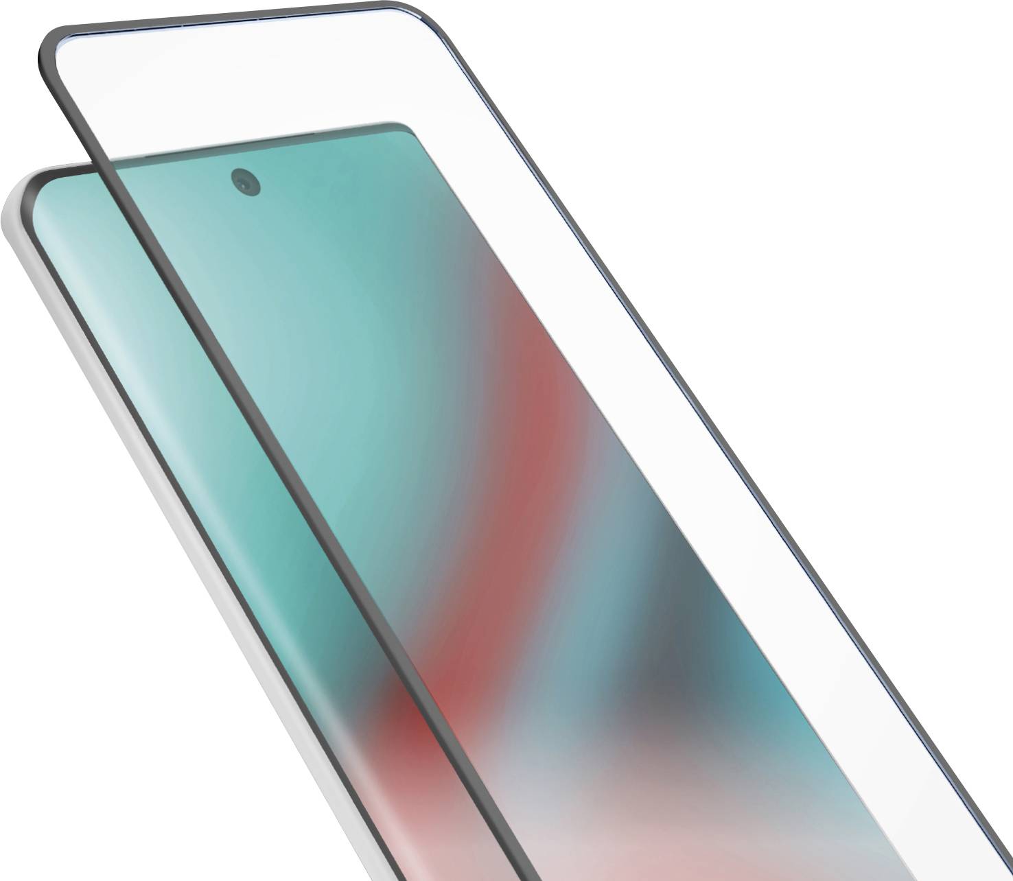 Ein Smartphone mit gekrümmtem Display, das lebendige Farben zeigt und eine teilweise installierte Schutzfolie, die Schutzaccesoires veranschaulicht.