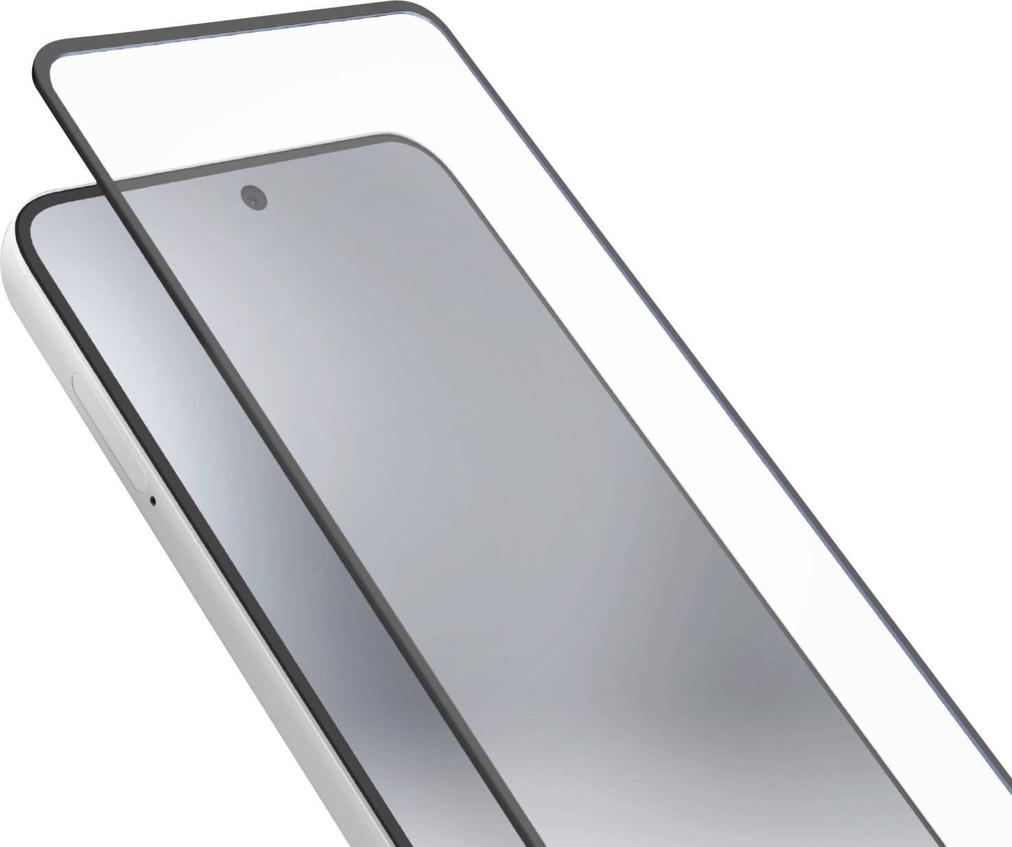 Ein Smartphone mit reflektivem Bildschirm ist teilweise von einer transparenten Displayschutzfolie bedeckt, was die perfekte Passform der Schutzschicht unterstreicht.