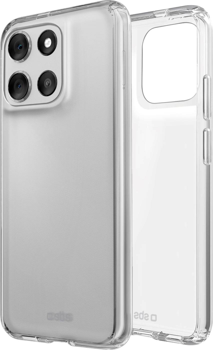 Transparente Handyhülle mit Kameraausschnitten, zeigt Vorder- und Rückseite, entwickelt zum Schutz bei gleichzeitiger Sichtbarkeit des Telefondesigns.