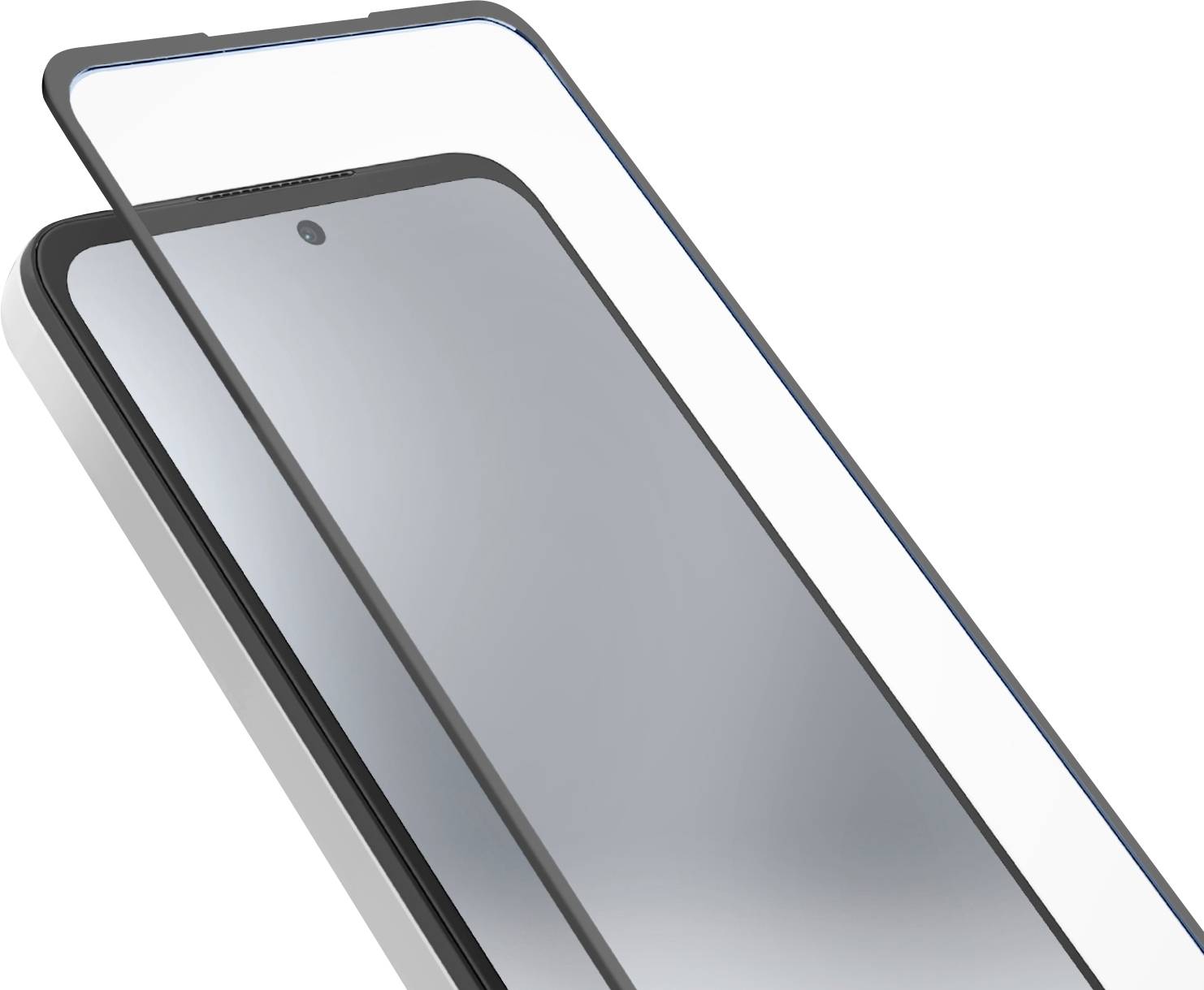 Ein Nahaufnahmebild eines Smartphones mit einem teilweise angebrachten transparenten Displayschutz, das moderne Technologie und ein Schutzgerät zeigt.