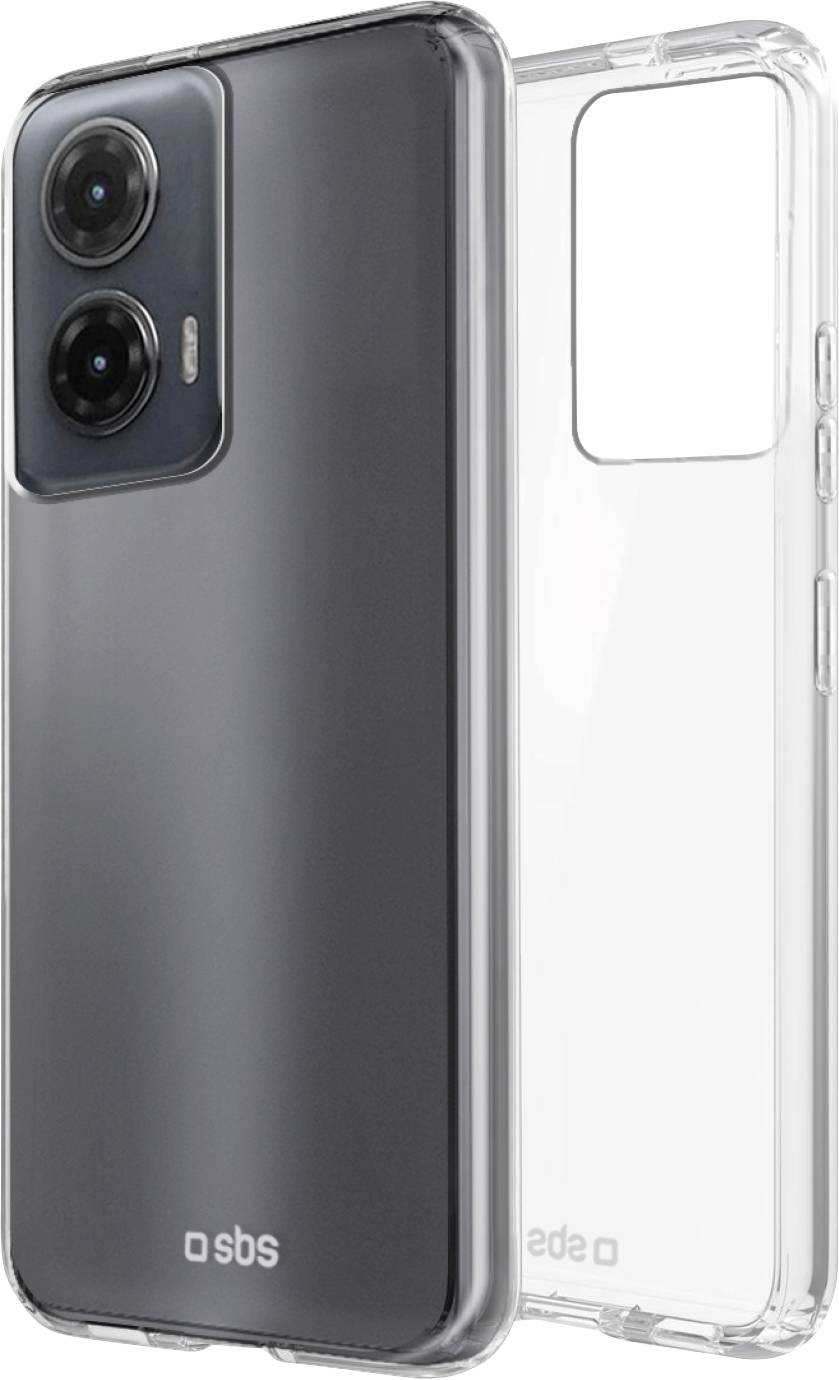 Transparente Smartphone-Hülle mit doppelten Kameraausschnitten, die die Rückseite eines Telefons mit Kameras oben links zeigt. Branding 'sbs' unten.