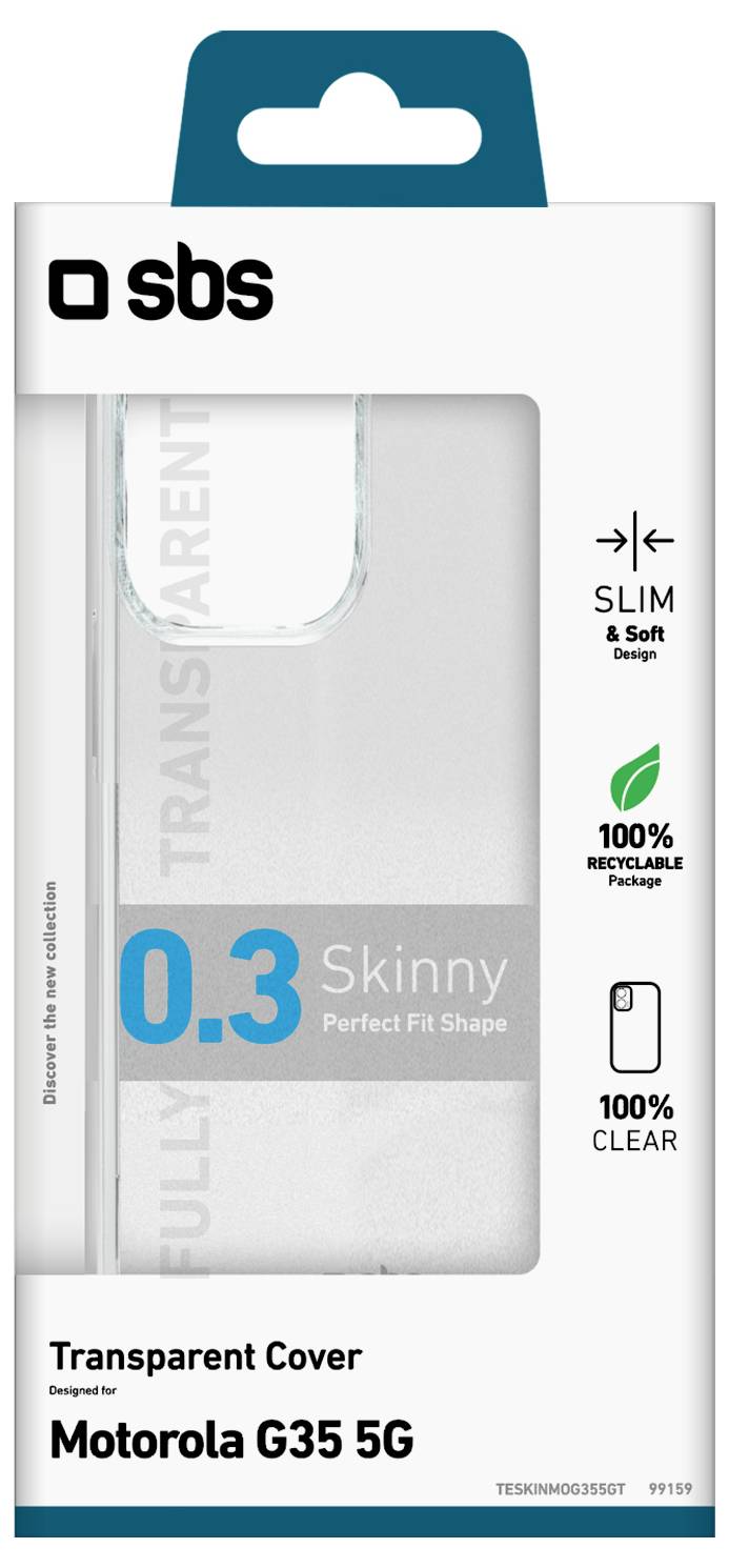 'Transparente Schutzhülle für Motorola G35 5G' Verpackung. Merkmale: schlanke Passform, samtweiches Finish, 100% recycelbare Materialien, vollständig transparente Hülle.